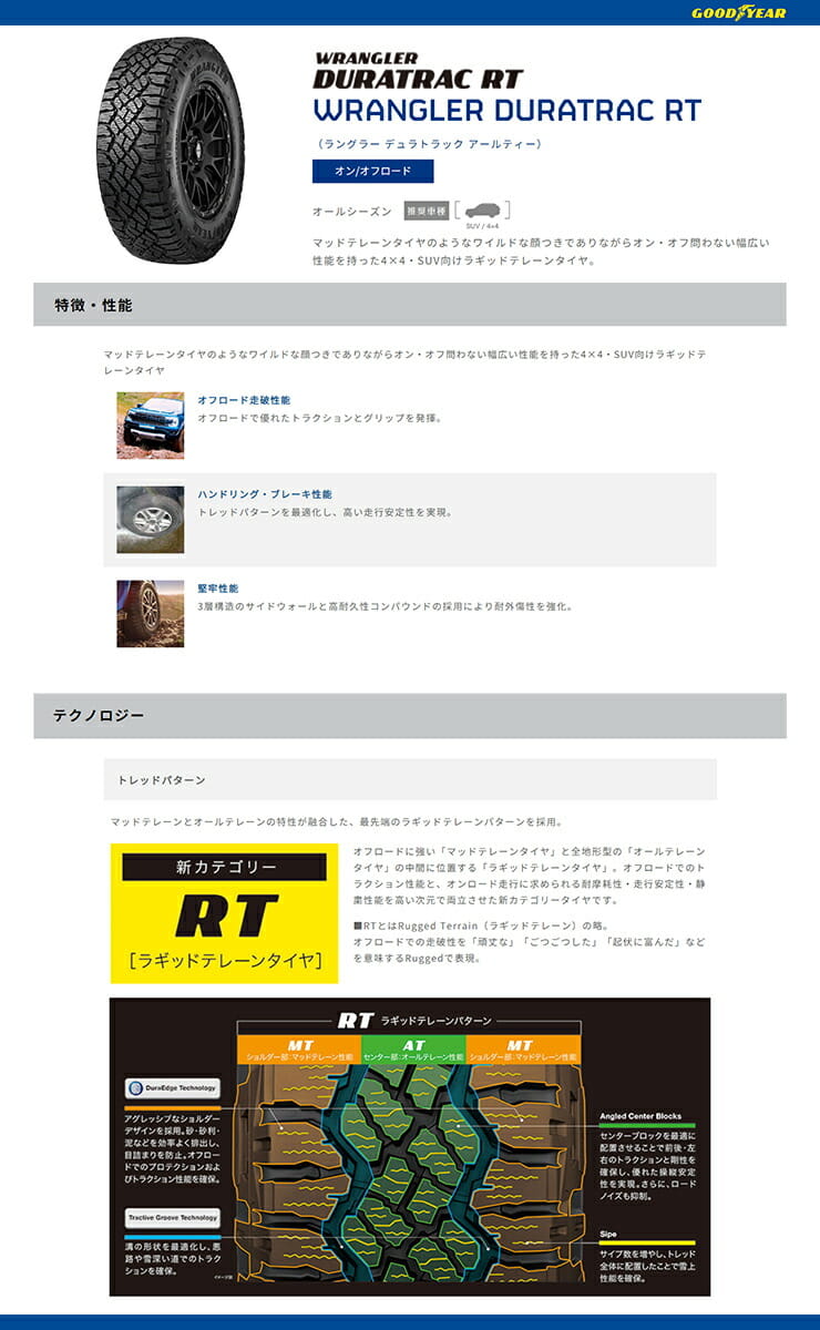 WRANGLER DURATRAC RT悪路走破性と耐久性に優れたオフロードタイヤ