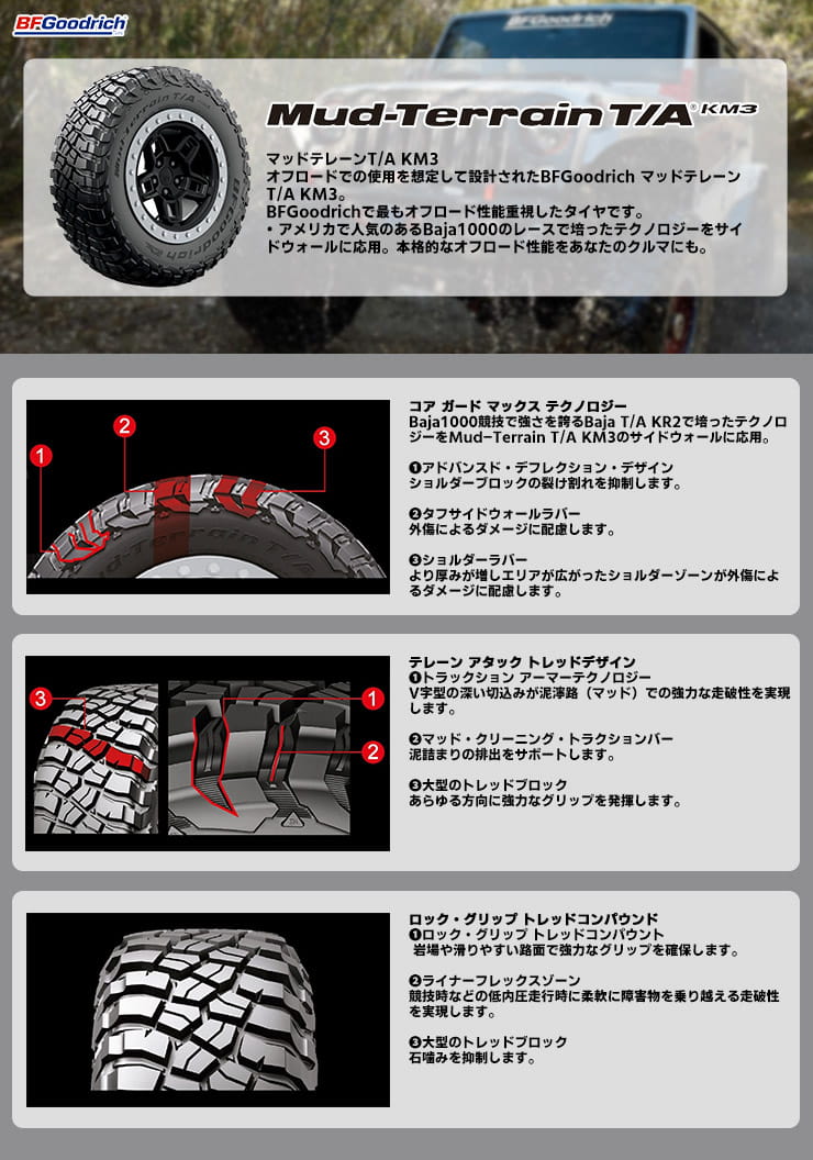 Mud-Terrain T/A KM3 耐久性とグリップ力を兼ね備えた本格クロカンタイヤ