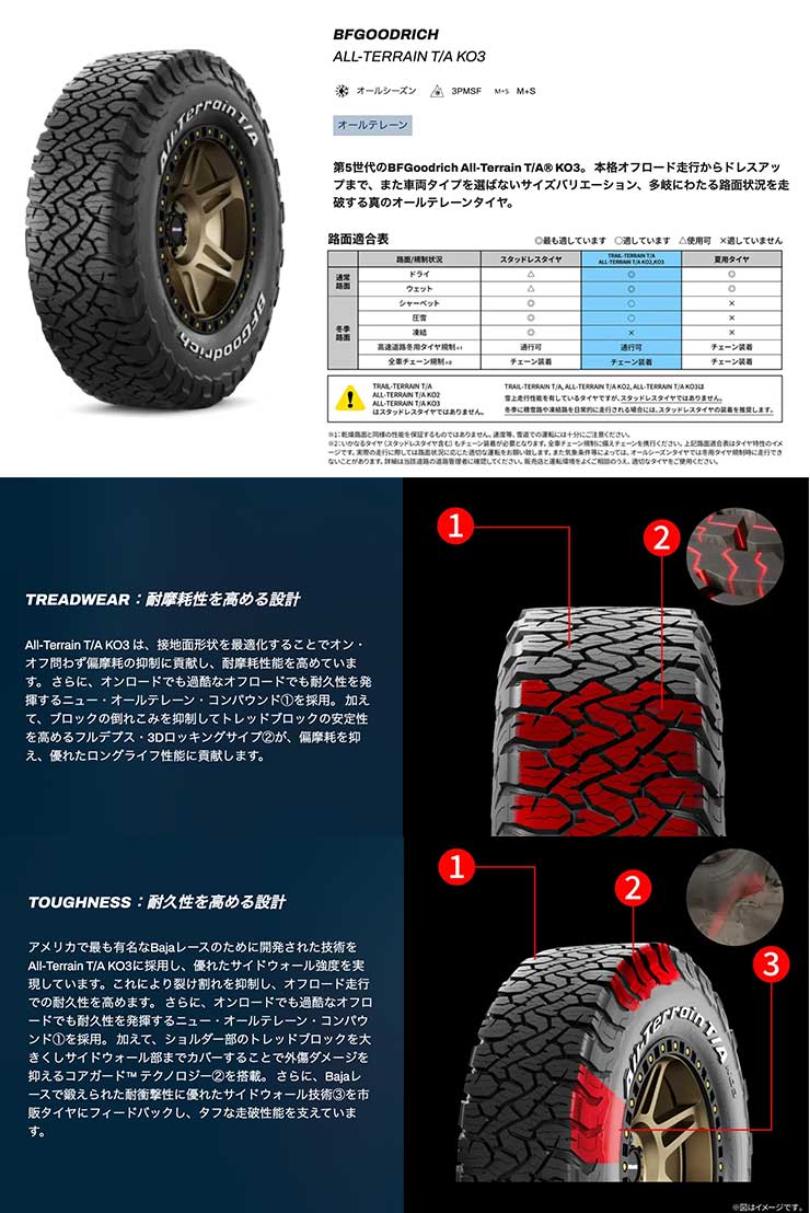 All-Terrain T/A KO3 ホワイトレター オフロードと雪道に対応するオールテレーンタイヤ